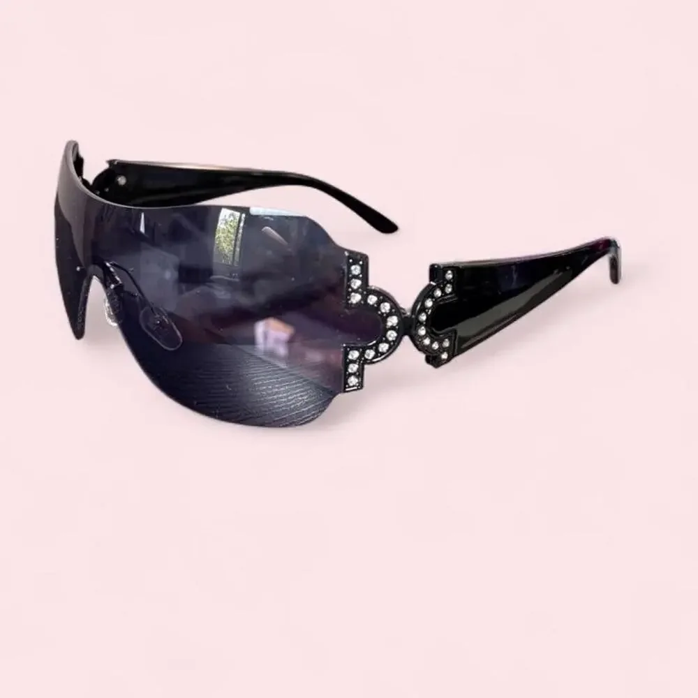 Unisec black oversized shield sunglasses with rhinestone Y2k mcbling glam cyber